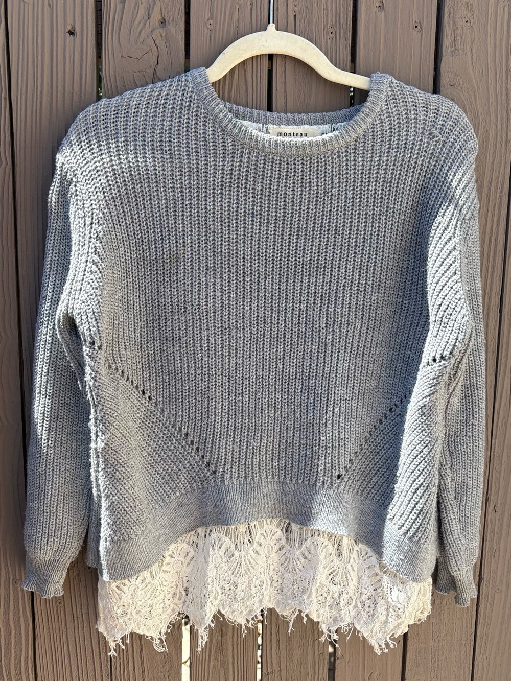 Monteau Gray Knit Crewneck Sweater with Cream Lace Trim